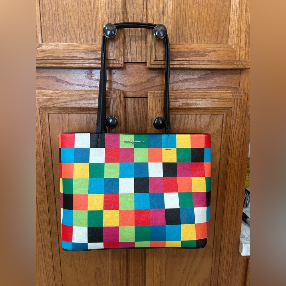 Karl Lagerfeld Multicolor Checkered Tote with Black Handles